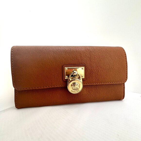 Michael Kors Fulton Hamilton Leather Flap Wallet Brown Gold Lock - Picture 1 of 10